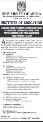 UNIABUJA Institute Of Education Sandwich And Part-Time Postgraduate Admission 2023