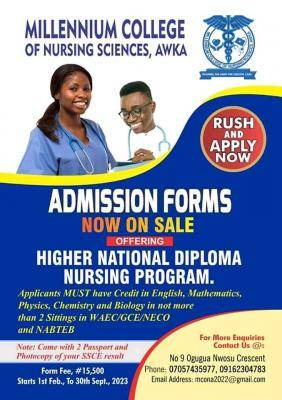 Millennium College of Nursing Science Akwa Nursing Admission form 2023/2024