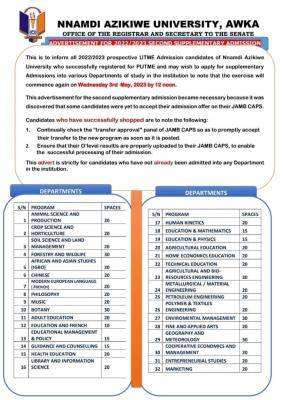 The 2nd supplementary admission form for the 2022/2023 academic session of UNIZIK is now available