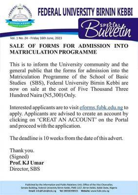 FUBK Commences Sales of Forms For 2023 Admission Into Matriculation Programme