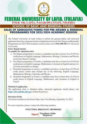 Federal University of Lafia Releases 2023/2024 Pre-degree Admission Form