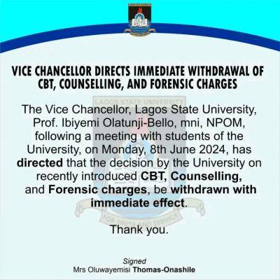 LASU VC orders withdrawal of CBT Counselling & Forensic charges