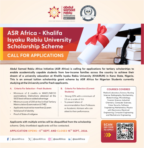 ASR Africa - Khalifa Isyaku Rabiu University Scholarship Scheme is now open for 2024