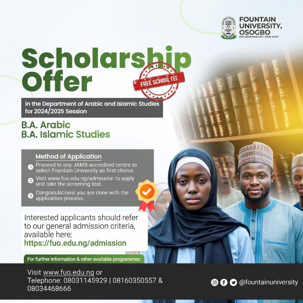 Apply for Fountain University's Arabic and Islamic Studies scholarship for the 2024/2025