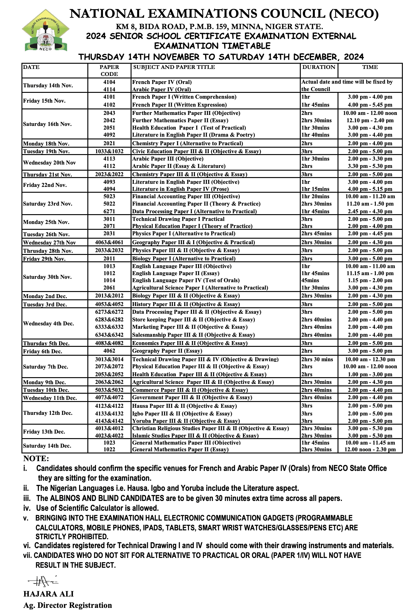 NECO GCE Timetable for 2024/2025 Student Village