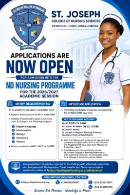 St. Joseph College of Nursing Sciences Opens ND Nursing Admission for 2026/2027 Session